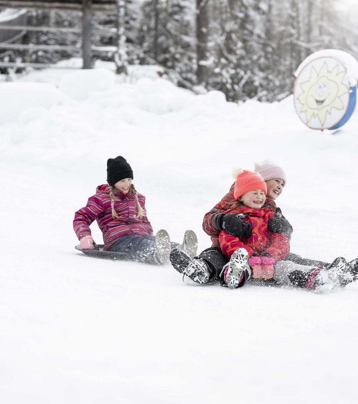 Your fulfilling family holiday Three children sledding together in the snowy winter forest.
