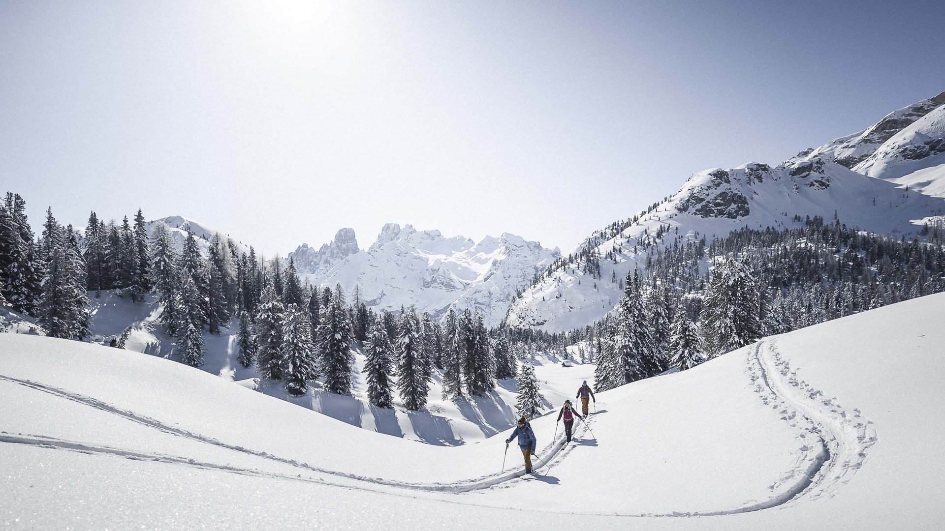 Qualche immagine del Rainer Tre persone sciano in una paesaggio di montagna innevata con alberi di pino