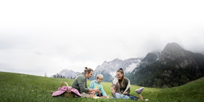 Famiglia fa un picnic su un prato verde con montagne sullo sfondo