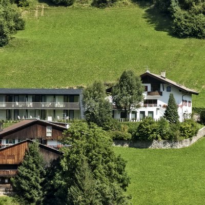 Diverse case su una collina verde con molti alberi