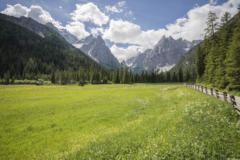 Suggerimenti esclusivi per i vostri tour Prato verde con montagne e cielo nuvoloso sullo sfondo