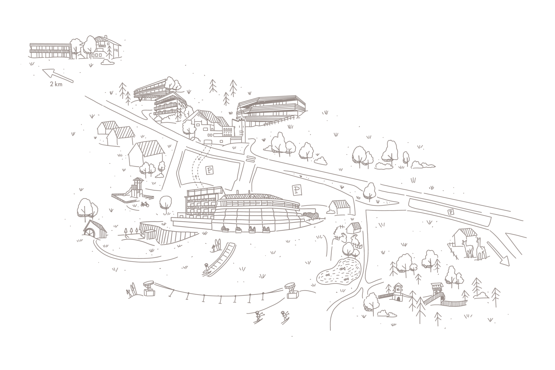 Ihr Familienresort in Südtirol Illustrative Karte mit Gebäuden, Wegen, Spielplatz und Seilbahn