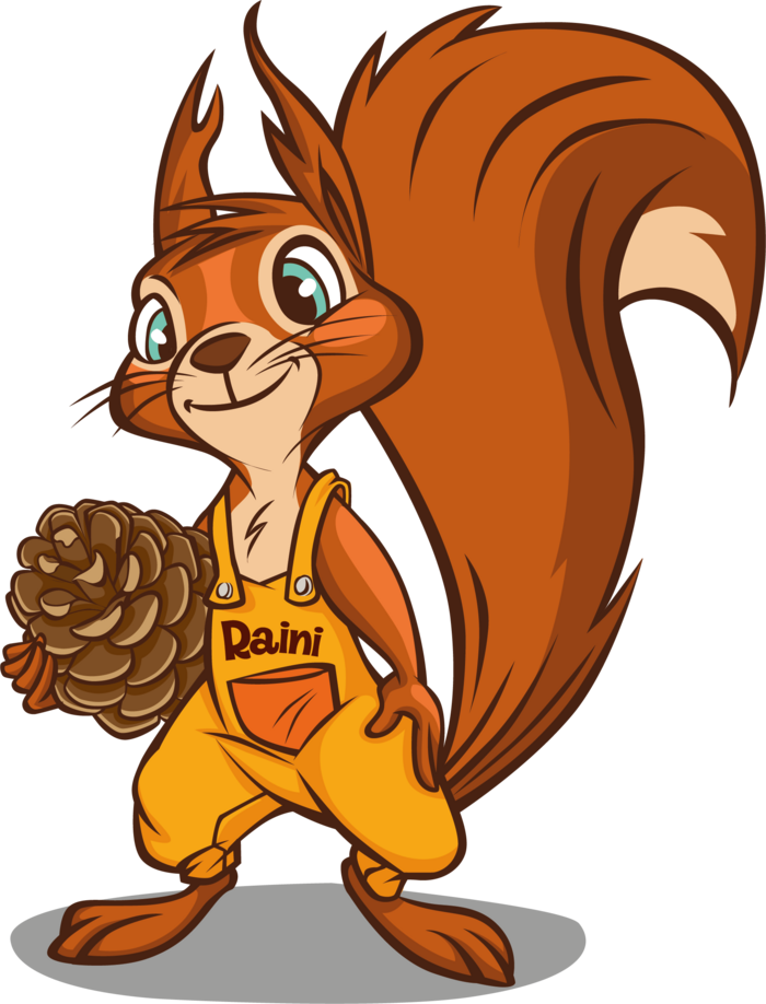 Scoiattolo felice con tuta gialla che tiene una pigna