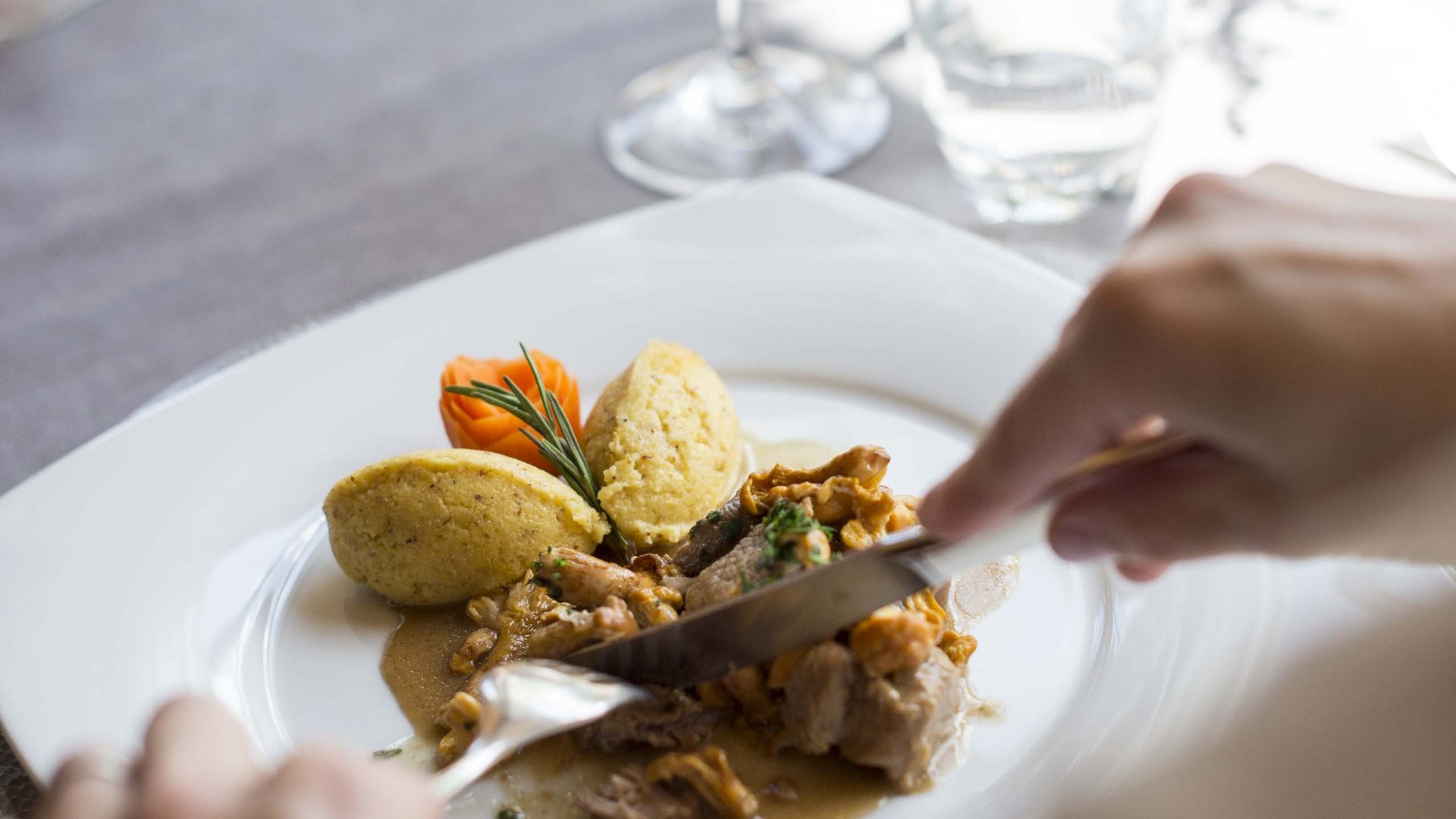 Family Resort Rainer Persona taglia carne con salsa di funghi e canederli nel piatto