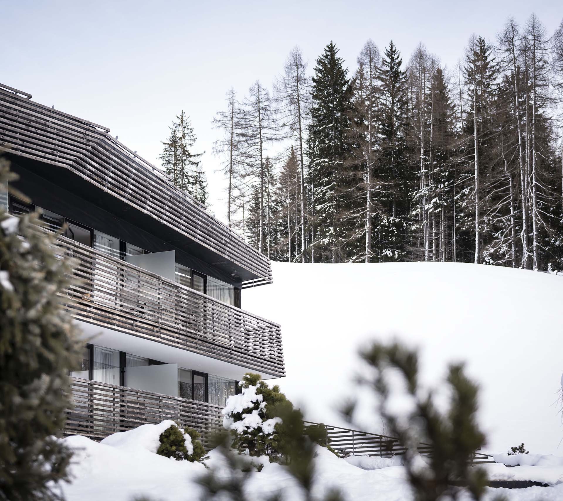 Scheda struttura - Residence Königswarte Strata Casa moderna accanto a collina innevata e abeti in inverno