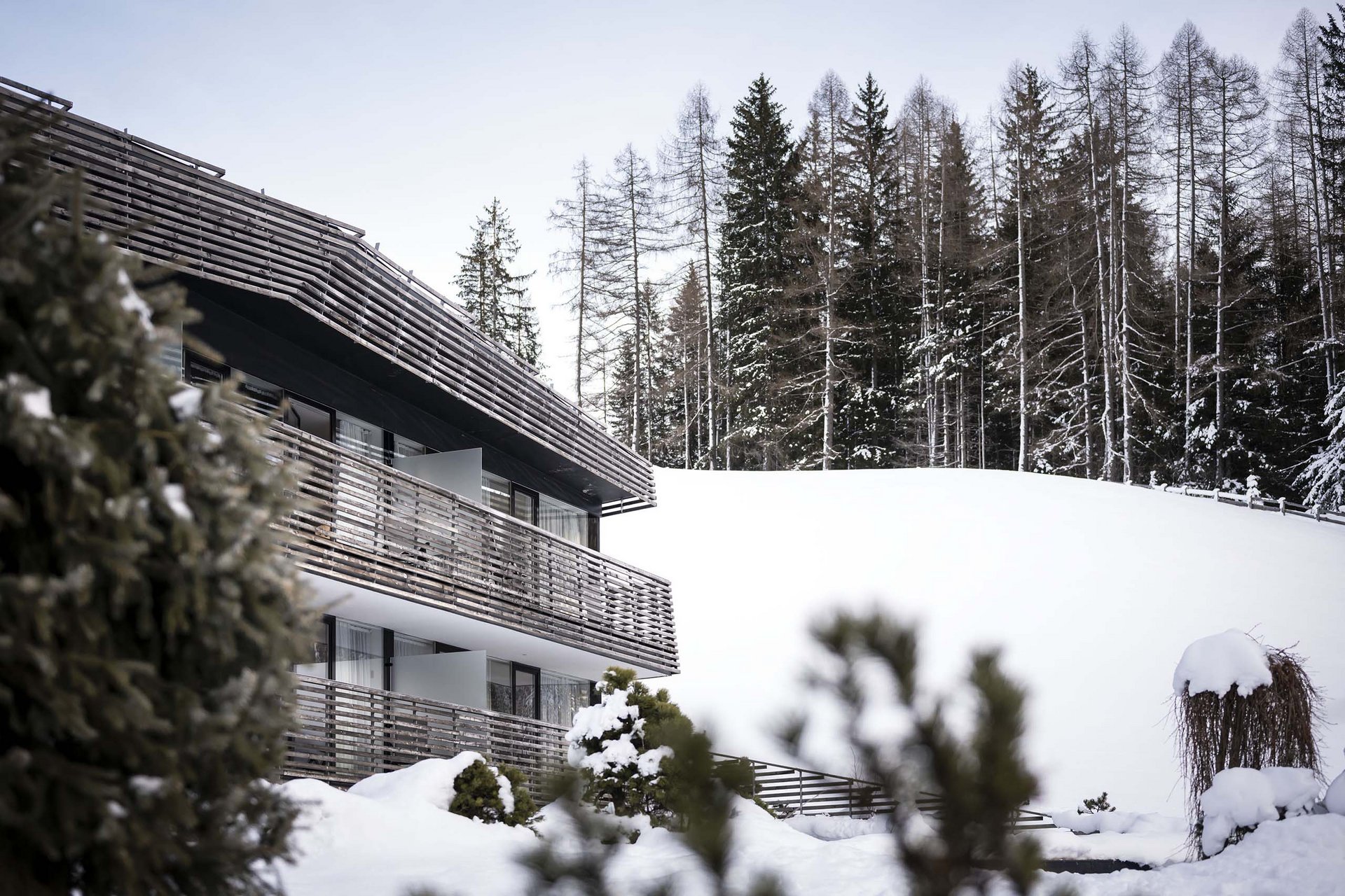 How to get to the Family Resort Rainer Modern house beside snow-covered hill and pine trees in winter