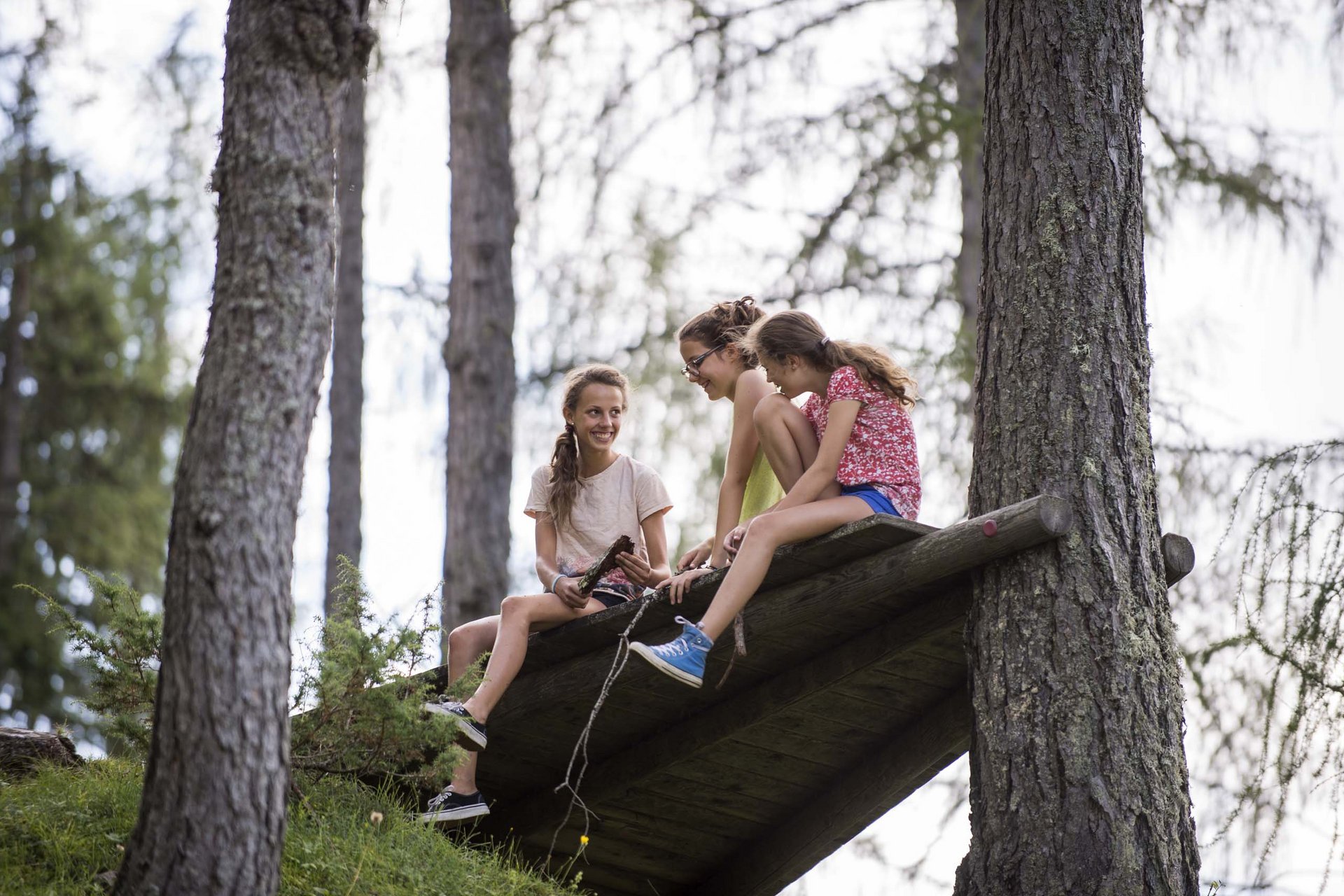 Tre ragazze sedute su una struttura di legno nella foresta che ridono