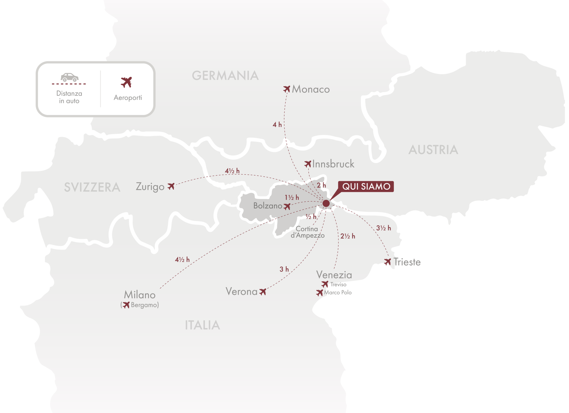 Alpine Stays for all Generations by Family Rainer Mappa con tempi di volo per aeroporti intorno a Bolzano, Italia.